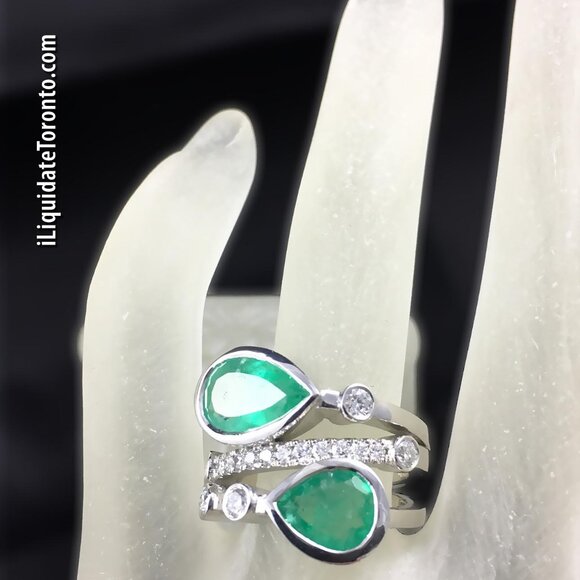 **BRAND NEW** Green Colombian Emerald and Diamond Bubble Ring in 14K White Gold - Picture 15 of 16